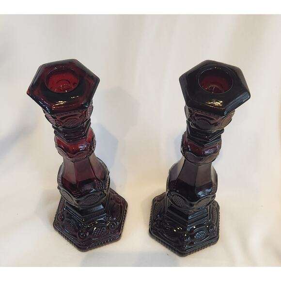 2 Avon 1876 Cape Cod Ruby Red Perfume Bottle Candlestick holders  Empty Vintage - Picture 2 of 5